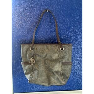 Relic Brand Silver Glitter Faux Leather Tote Shoulder Bag 4 Pocket Brown Accents